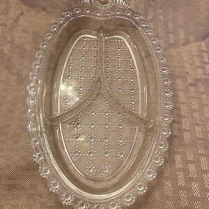 A vintage Hazel Atlas clear pressed glass three-part relish dish.